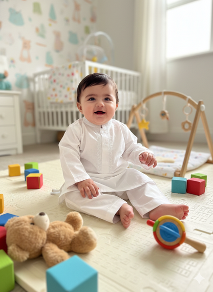 White neck embroidered cotton kurta and pajama set