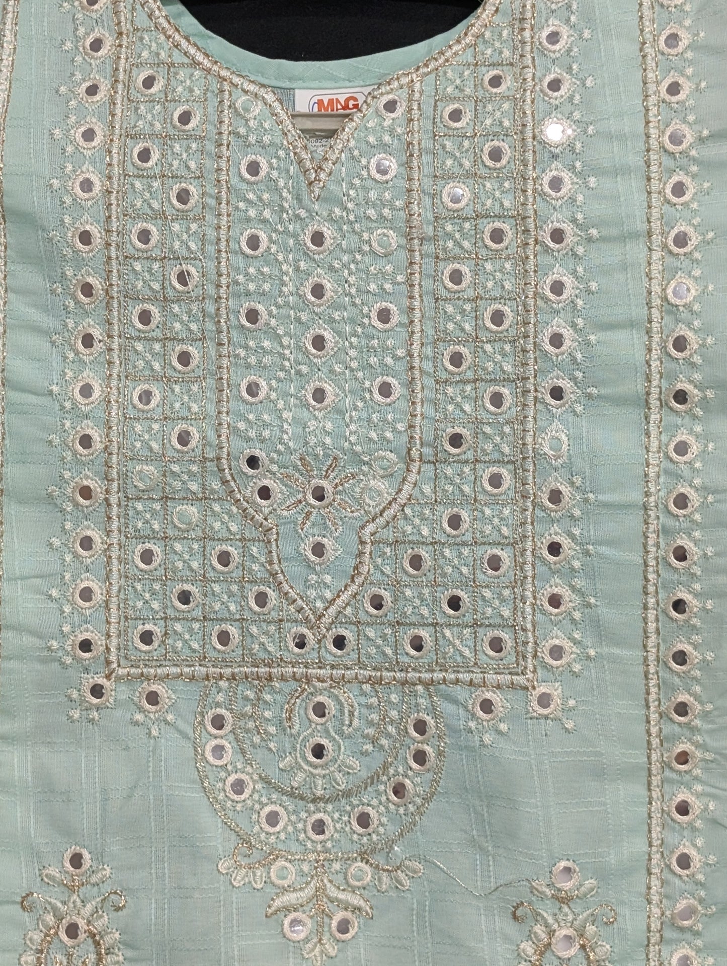 Girls' cotton dress with full mirror work embroidery and matching pants.