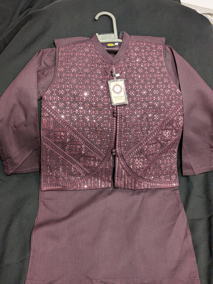 Boys burgundy kurta pajama set with a sequence work waistcoat