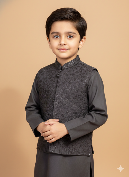 Boys' charcoal kurta pajama set with sequence work waistcoat