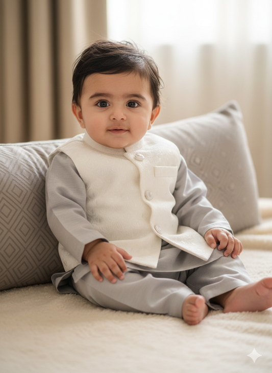 Boys embroidered cream jamawar waistcoat