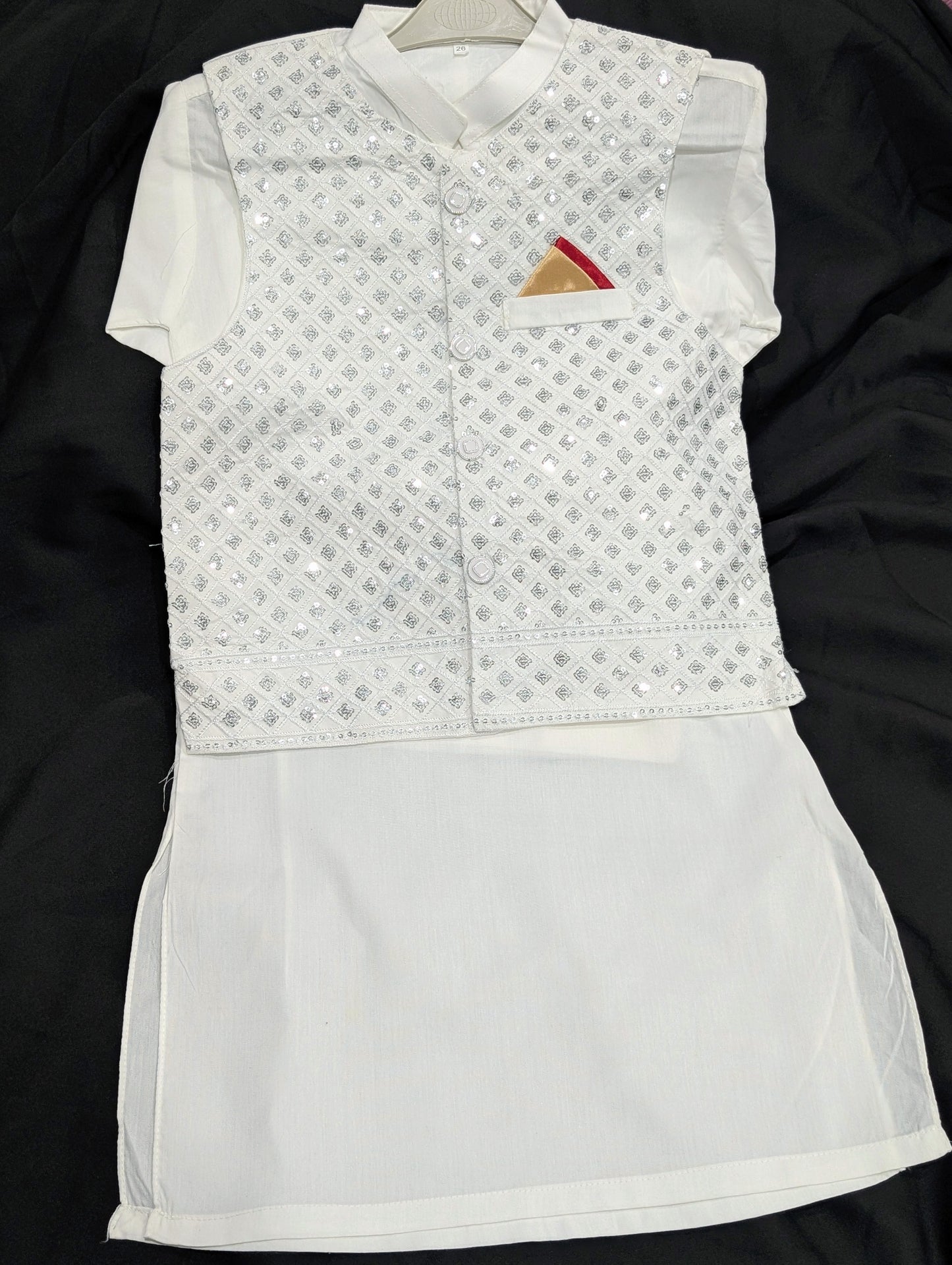 Boys' white kurta with matching pants and a silver embroidered waistcoat.