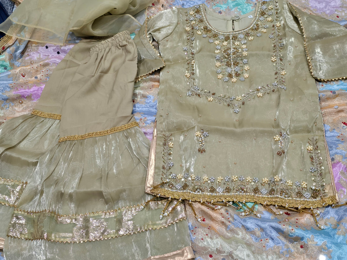 Girls /Olive-gold/  hand-embroidered /silk/ short kurta paired with matching flared gharara and sheer dupatta.
