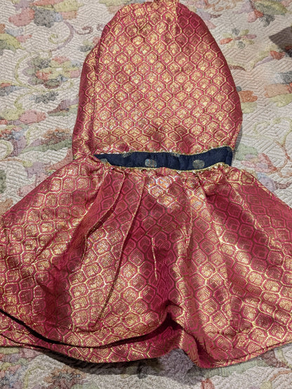 Infant sharara set featuring a navy blue polka-dot kurta paired with a pink and gold jacquard flared bottom and net duapatta