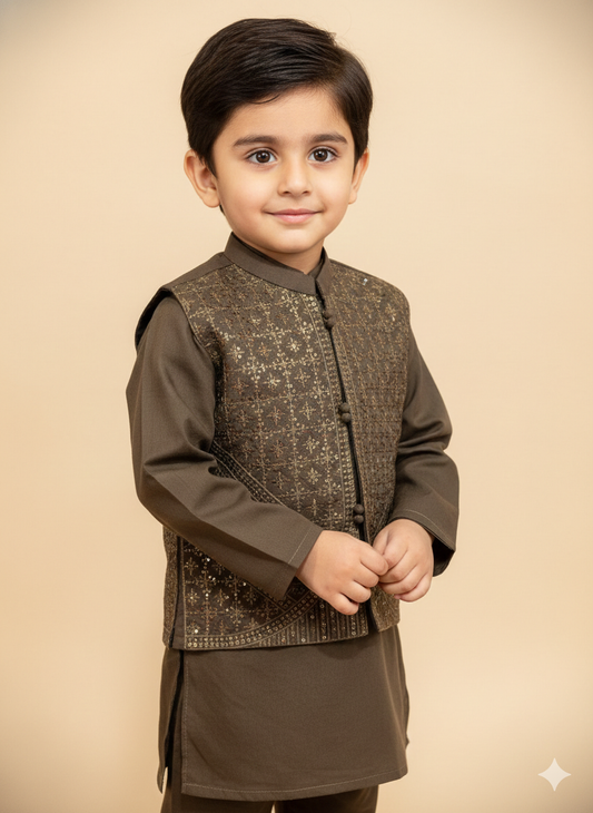 Olive brown kurta pyjama set with a sequence work waistcoat